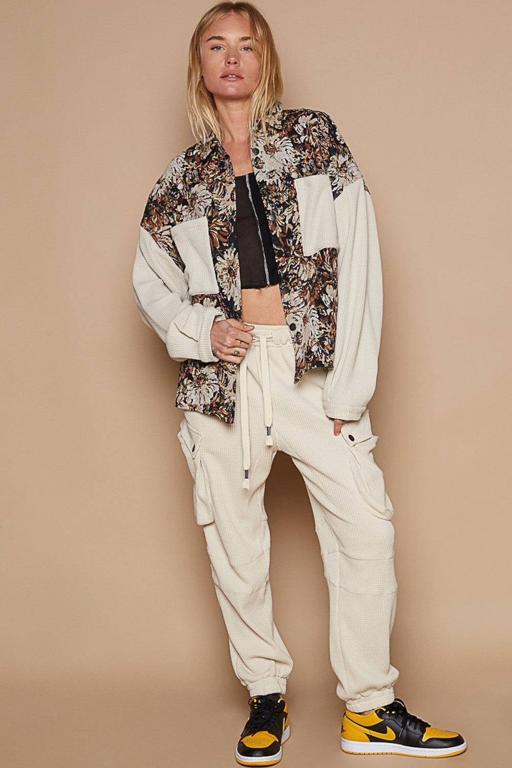 POL Contrast Sleeves Button Down Floral Jacquard Shirt - The Goddess Galleries