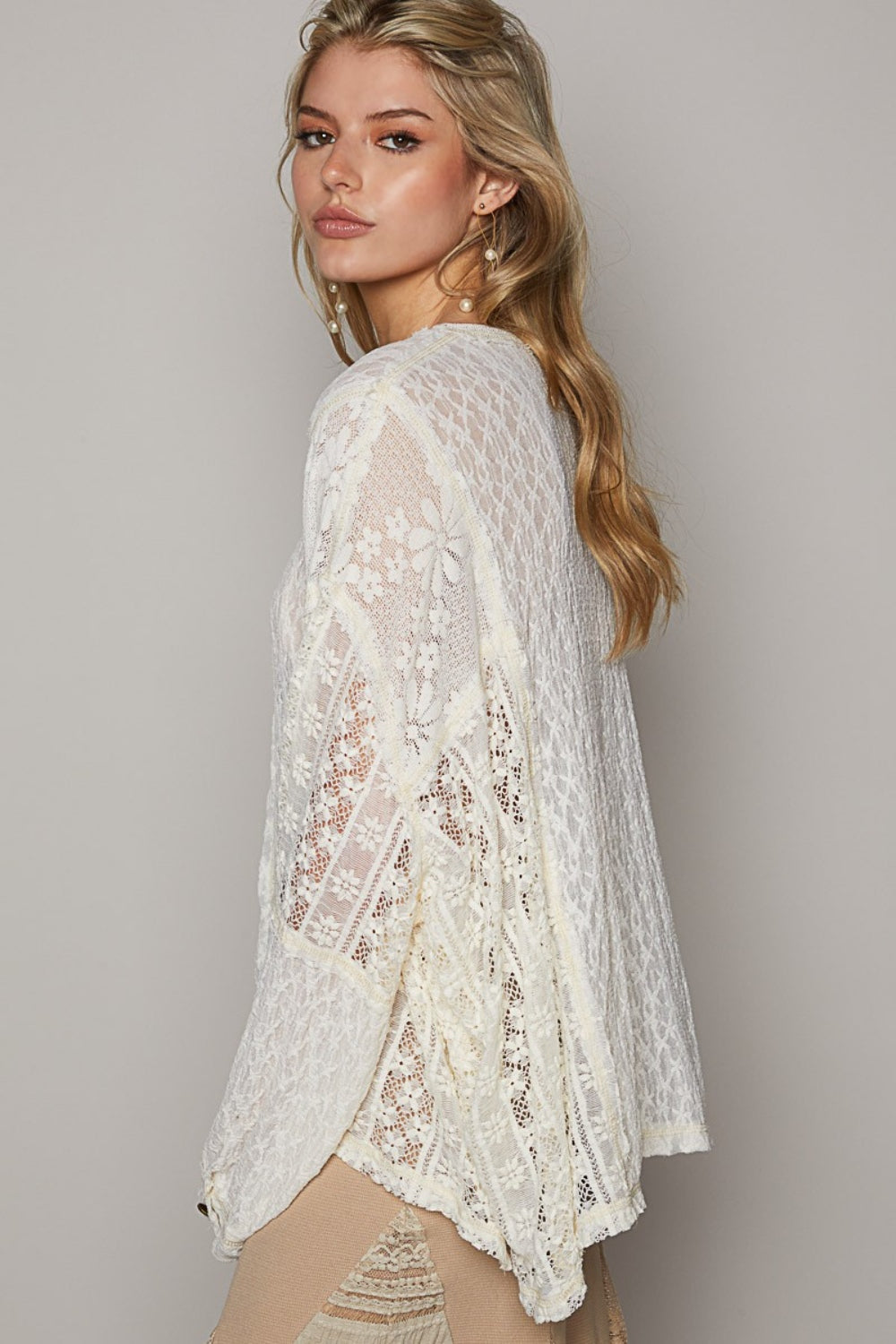 POL Round Neck Long Sleeve Raw Edge Lace Top - The Goddess Galleries