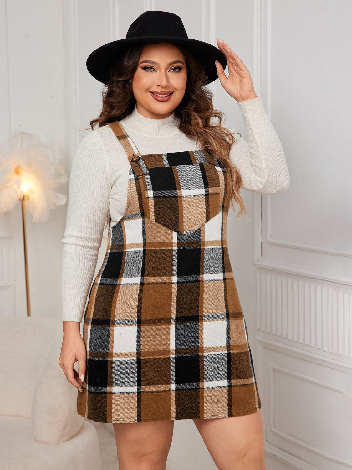 Honey Plus Size Plaid Wide Strap Overall Dress - The Goddess Galleries