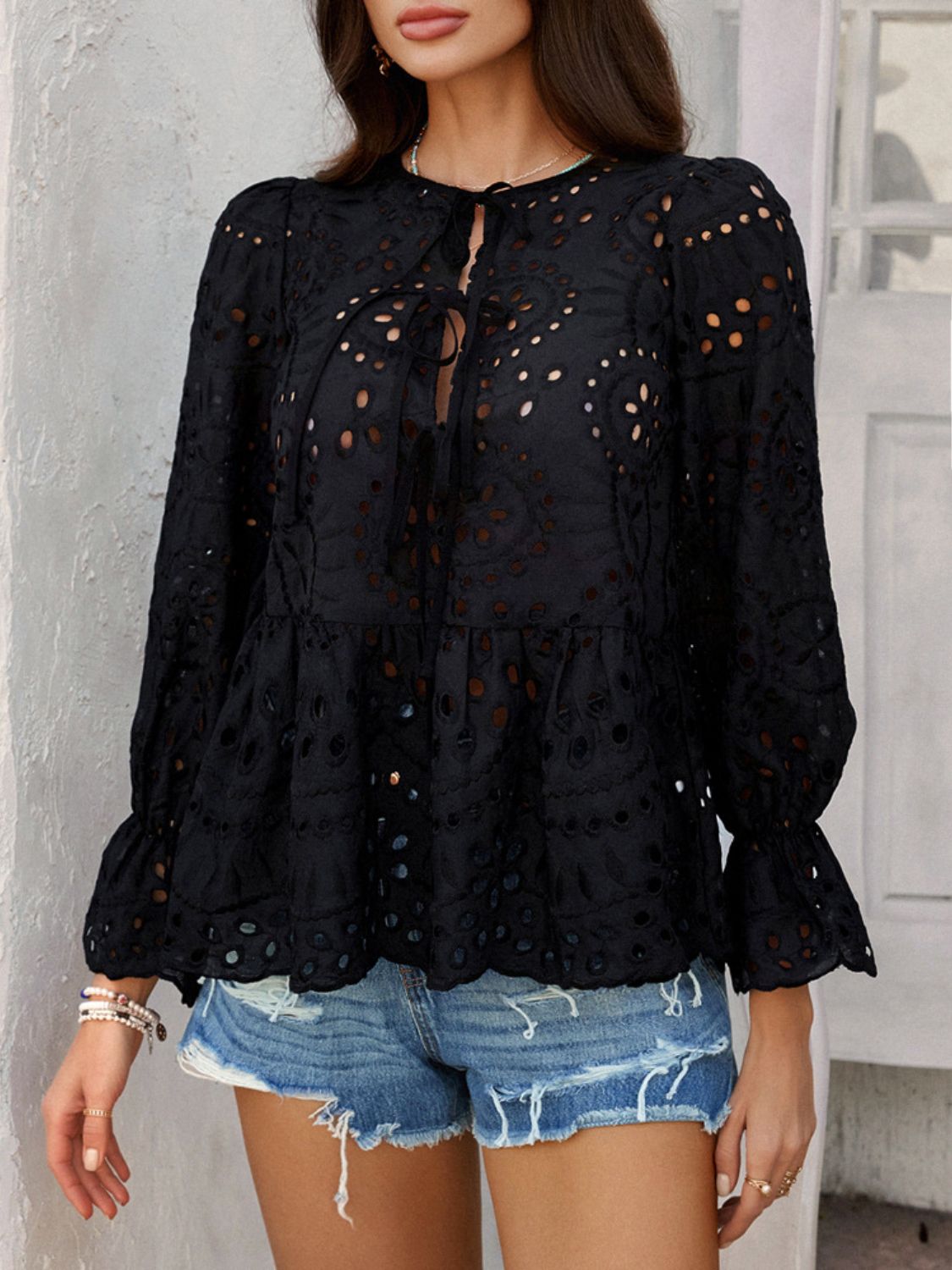 Devine Tie Front Flounce Sleeve Peplum Blouse - The Goddess Galleries
