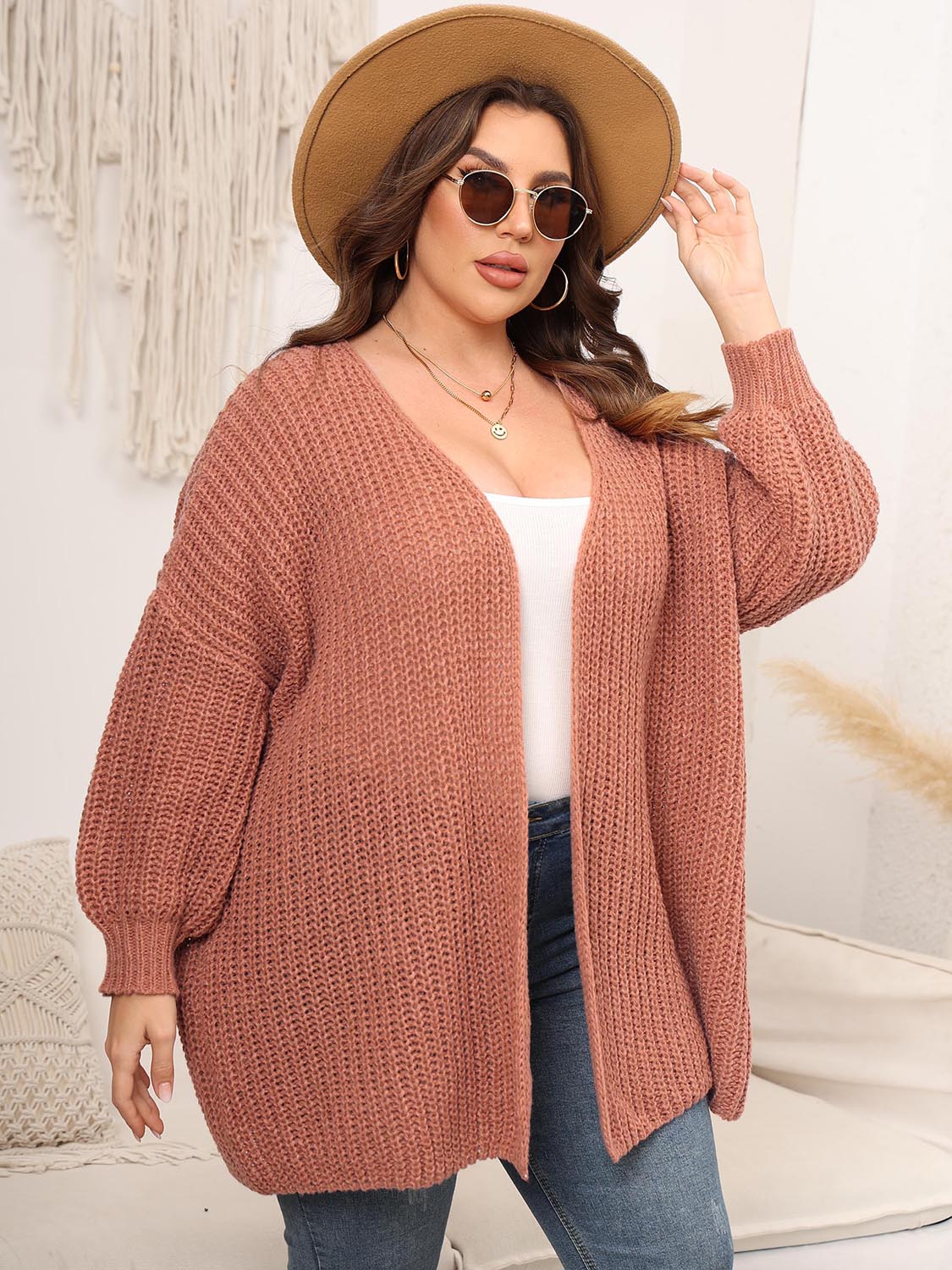 Plus Size Open Front Dropped Shoulder Knit Cardigan - The Goddess Galleries