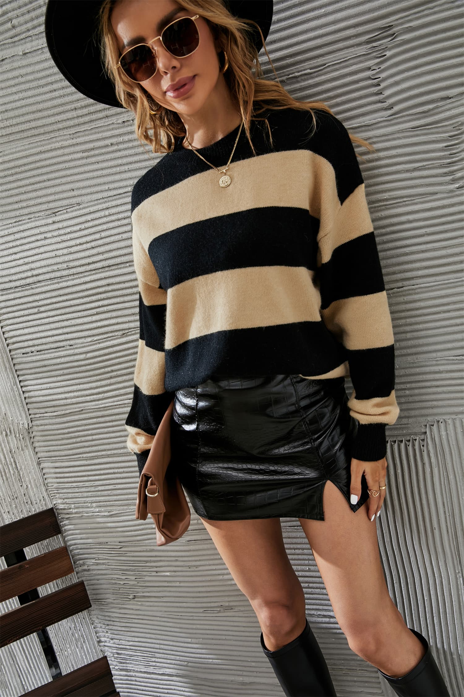 Angel Wings Two-Tone Round Neck Dropped Shoulder Sweater - The Goddess Galleries