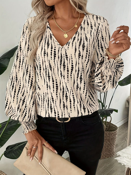 Printed V-Neck Lantern Sleeve Blouse - The Goddess Galleries