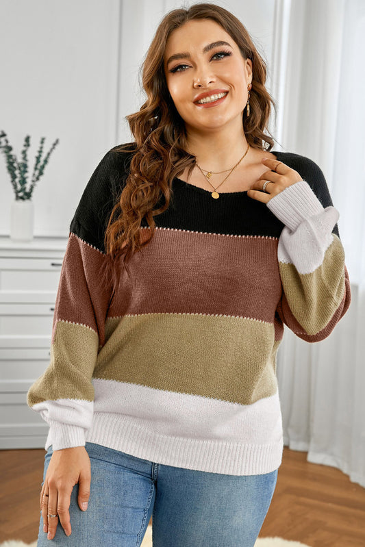 Plus Size Color Block Round Neck Sweater - The Goddess Galleries