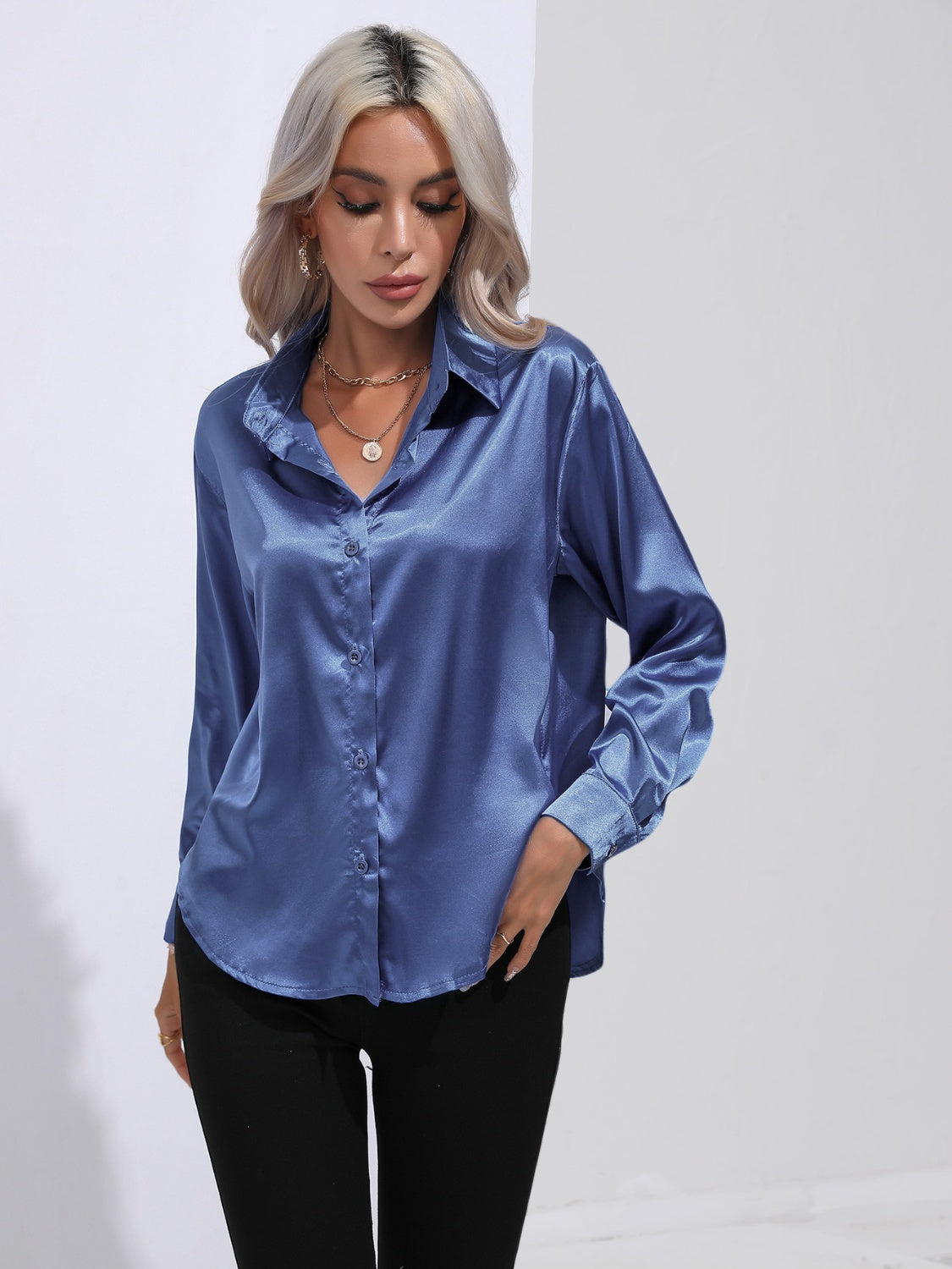 Collared Neck Buttoned Long Sleeve Shirt - The Goddess Galleries