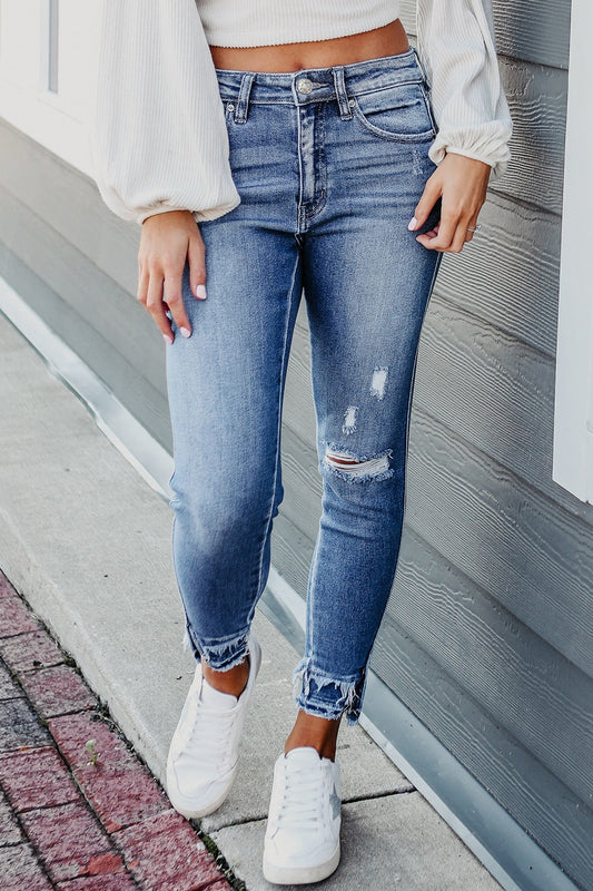 Raw Hem Distressed Jeans with Pockets - The Goddess Galleries