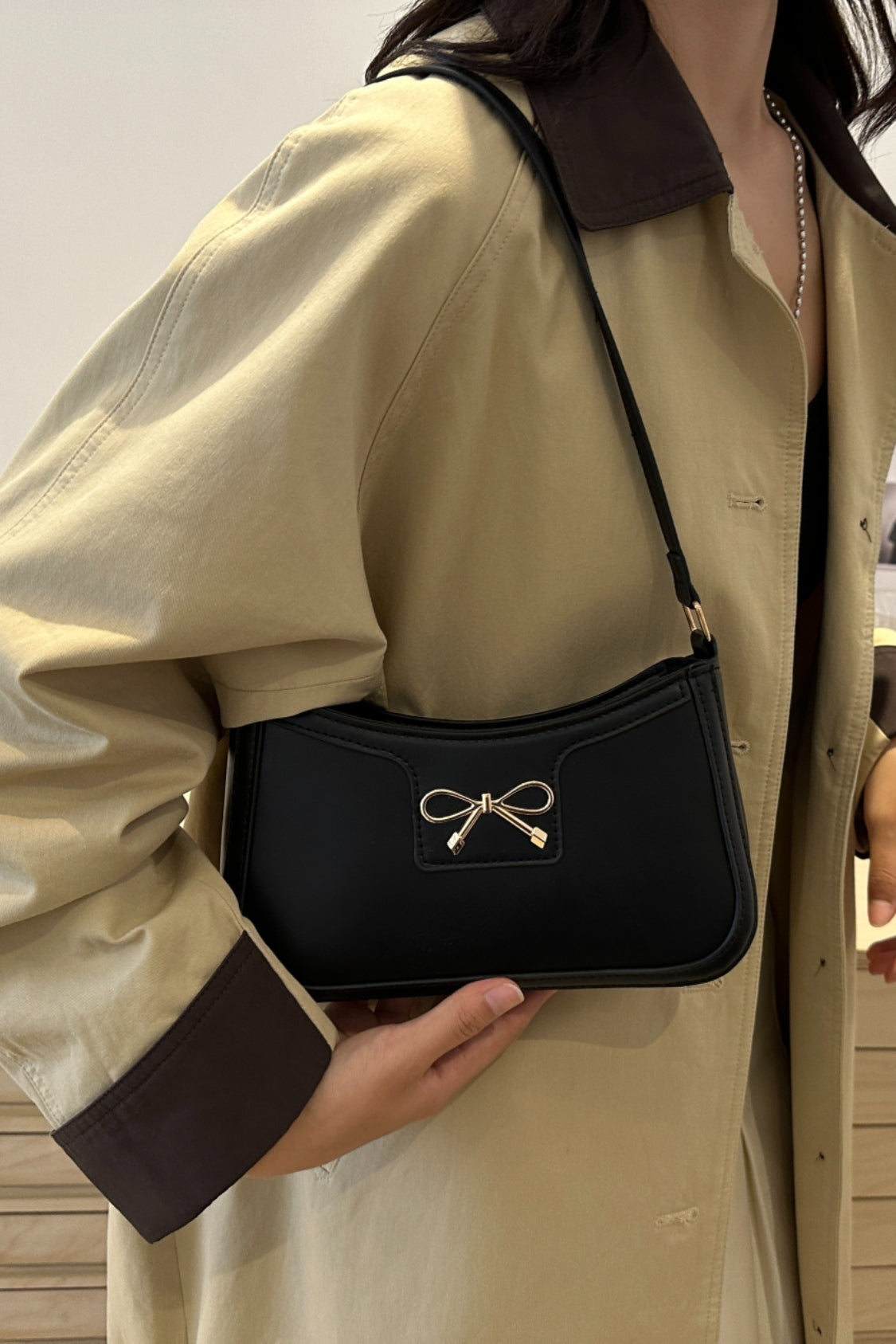 Bow Trim PU Leather Shoulder Bag - The Goddess Galleries
