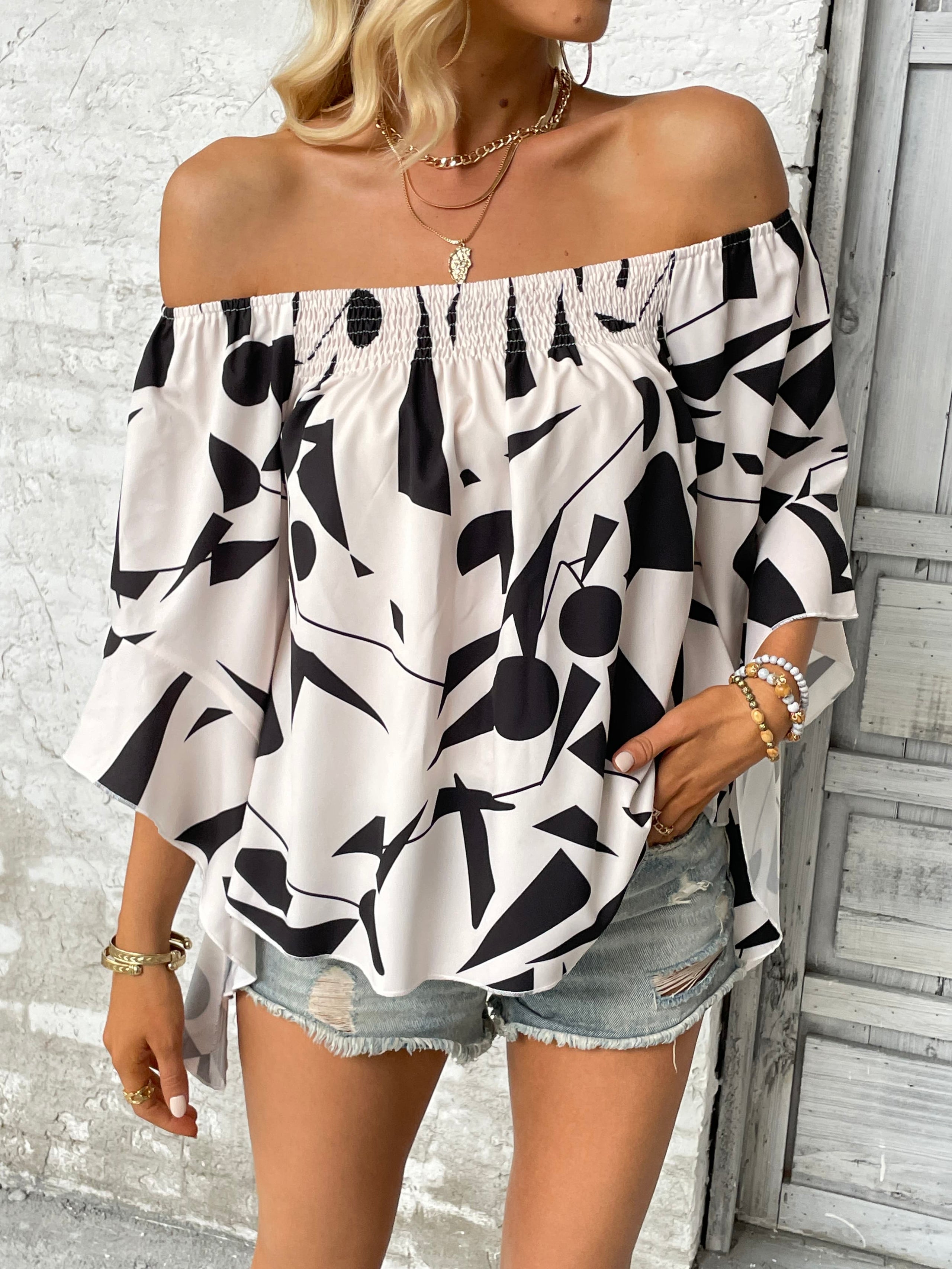Printed Off-Shoulder Bell Sleeve Blouse - The Goddess Galleries