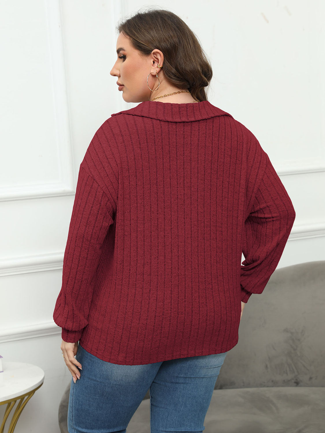 Plus Size Ribbed Collared Neck Long Sleeve Blouse - The Goddess Galleries