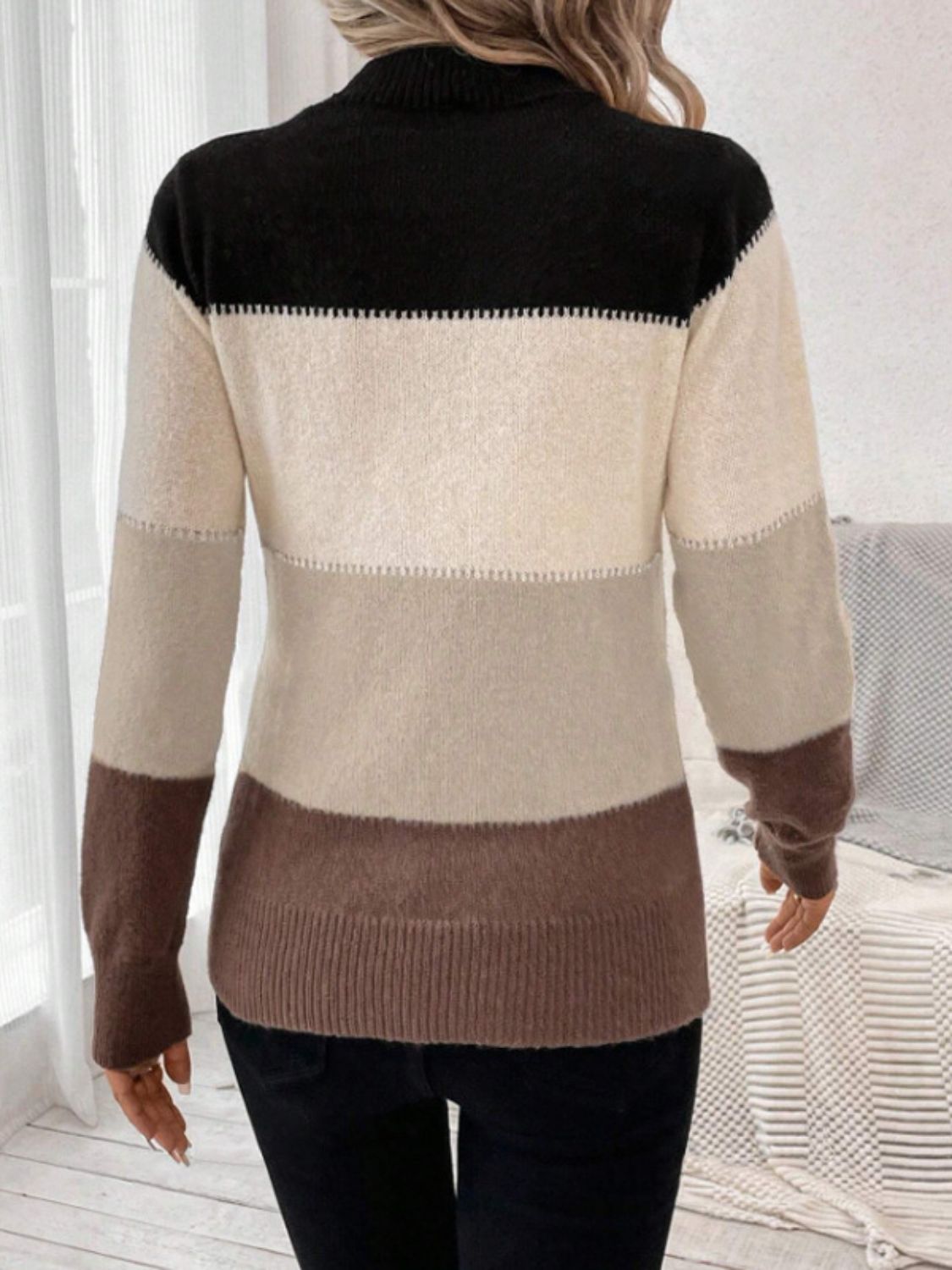 Color Block Mock Neck Long Sleeve Sweater - The Goddess Galleries