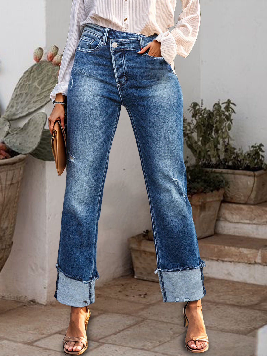Stepped Waist Raw Hem Rolled Straight Jeans - The Goddess Galleries