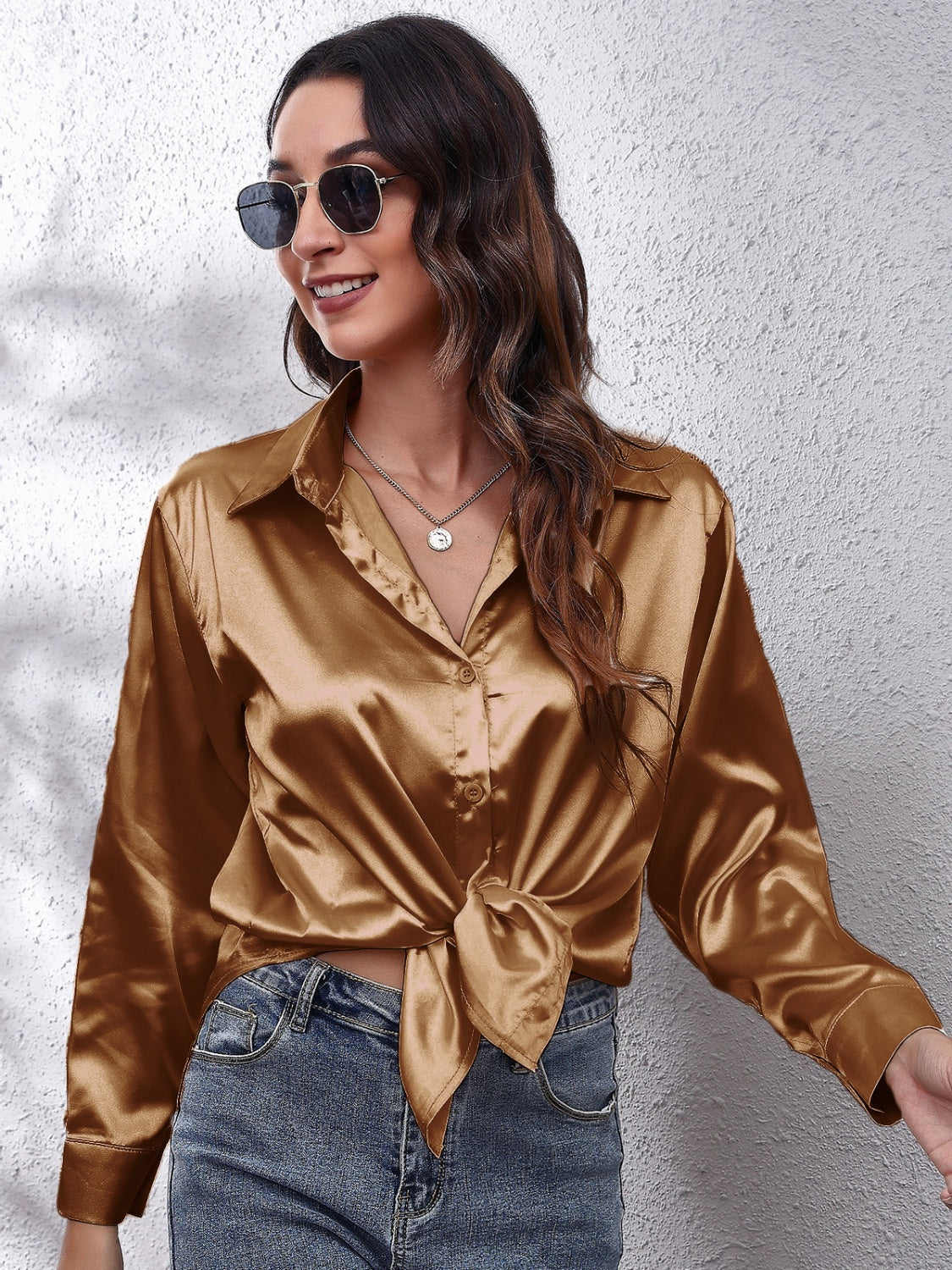 Collared Neck Buttoned Long Sleeve Shirt - The Goddess Galleries
