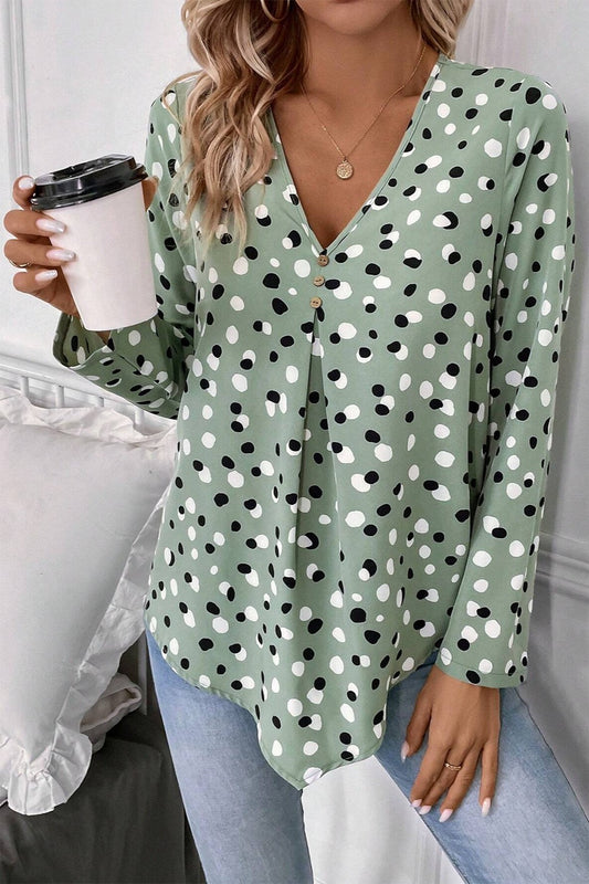 Printed V-Neck Long Sleeve Blouse - The Goddess Galleries