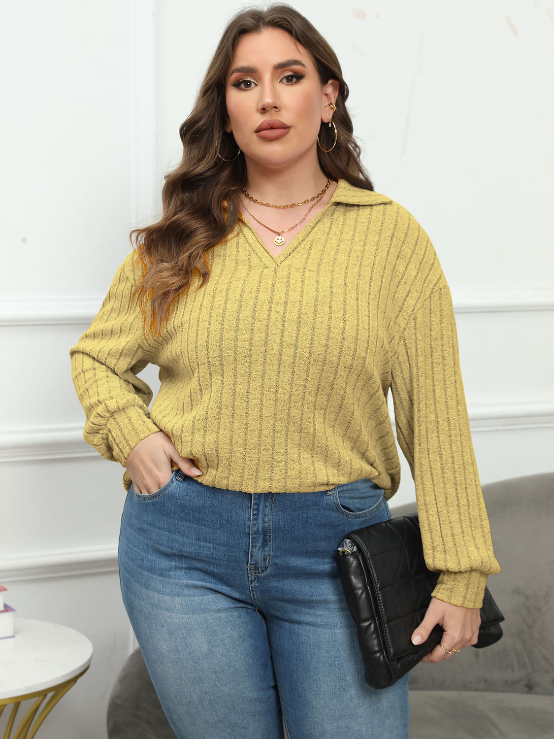 Plus Size Ribbed Collared Neck Long Sleeve Blouse - The Goddess Galleries