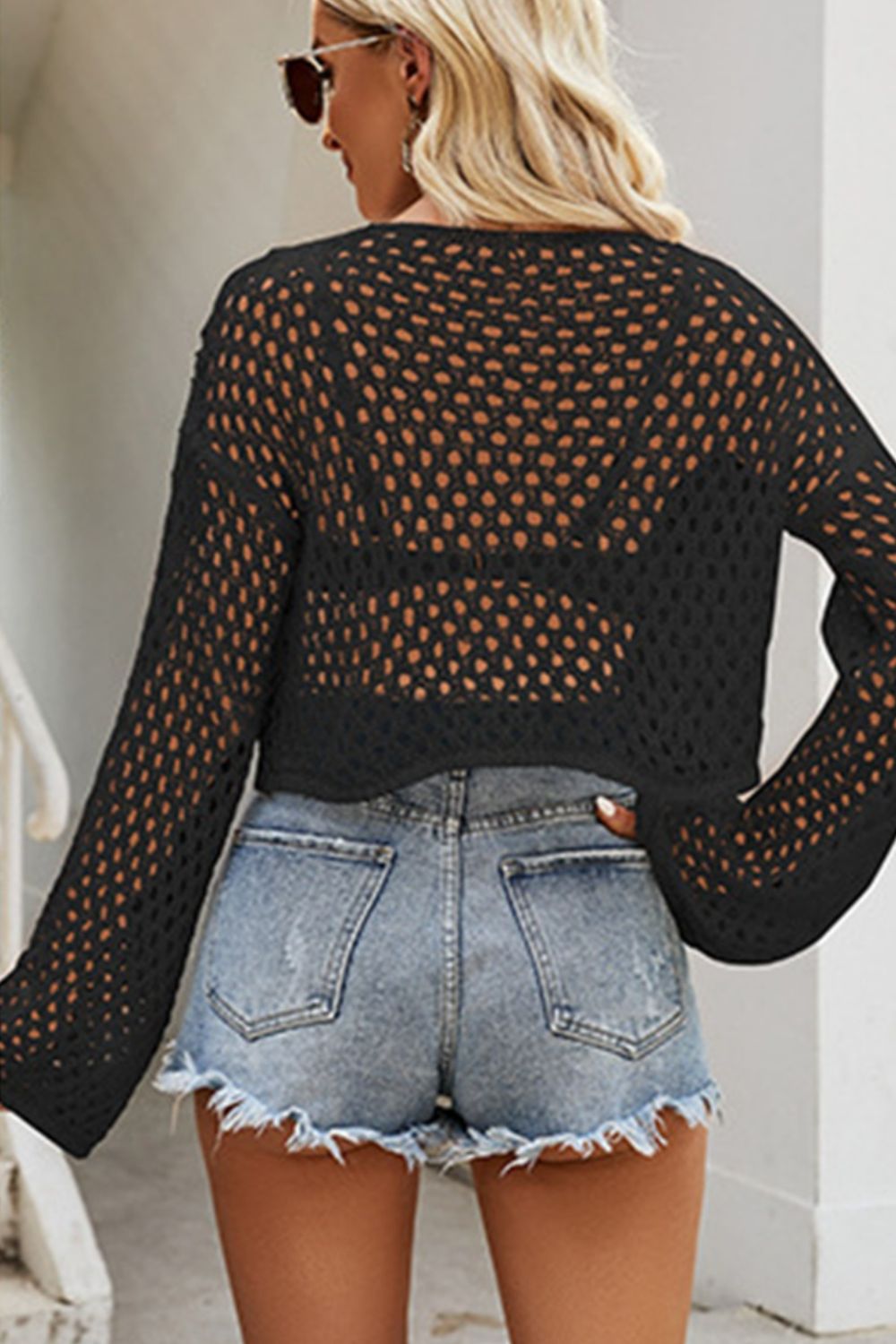 Openwork Round Neck Dropped Shoulder Knit Top - The Goddess Galleries