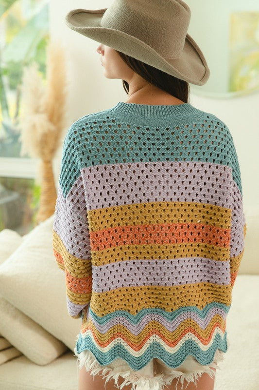 BiBi Wavy Hem Openwork Contrast Round Neck Sweater - The Goddess Galleries