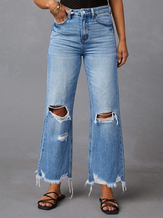 Distressed Raw Hem Jeans with Pockets - The Goddess Galleries