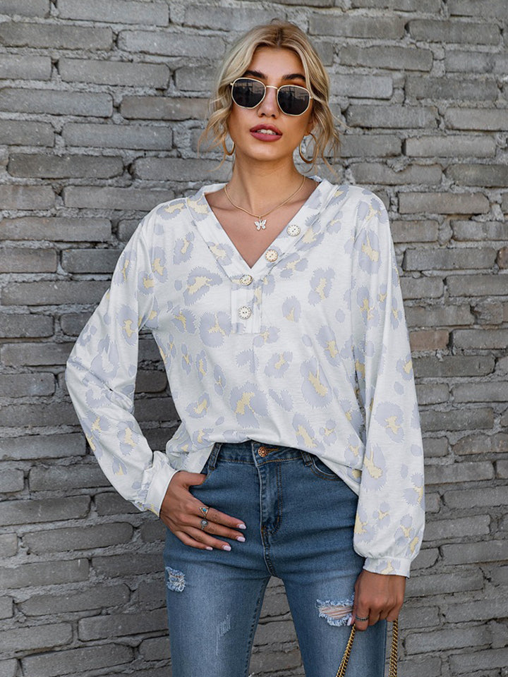 Leopard V-Neck Decorative Button Long Sleeve Blouse - The Goddess Galleries