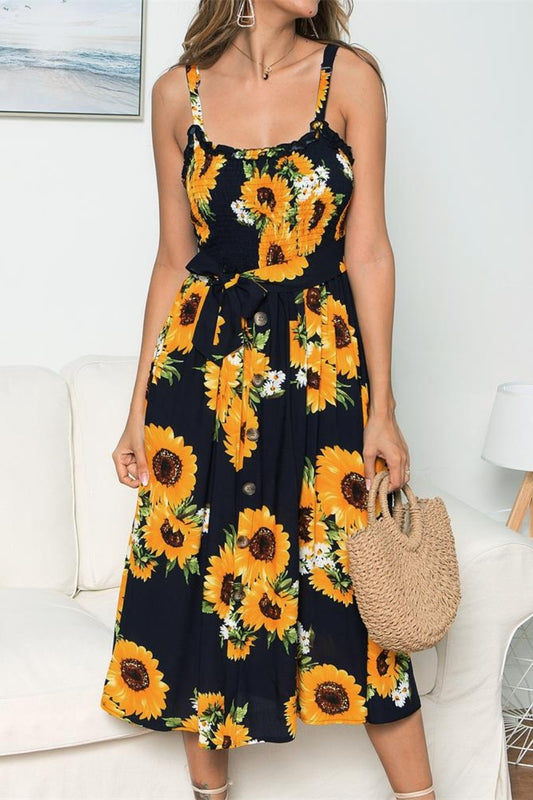 Smocked Sunflower Printed Sleeveless Cami Dress - The Goddess Galleries