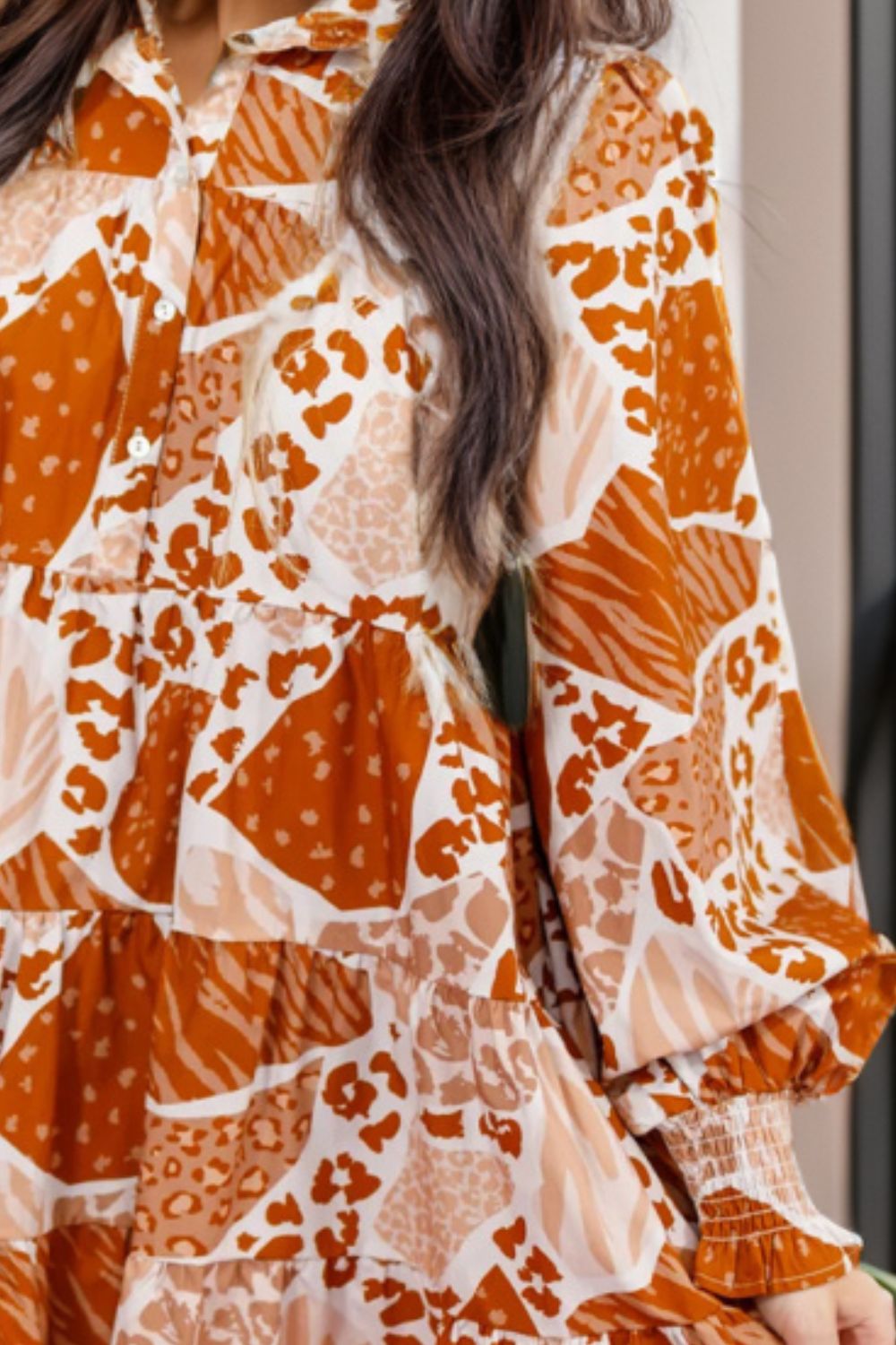 Printed Tiered Half Button Lantern Sleeve Mini Dress - The Goddess Galleries