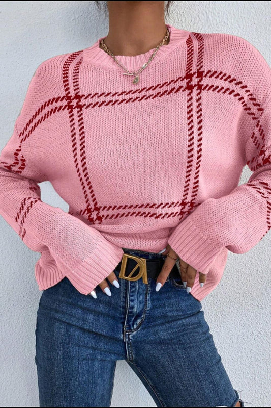 Contrast Round Neck Long Sleeve Sweater - The Goddess Galleries