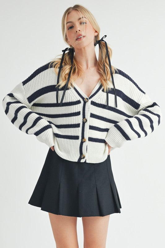 Aemi + Co Striped V-Neck Button Down Cardigan - The Goddess Galleries