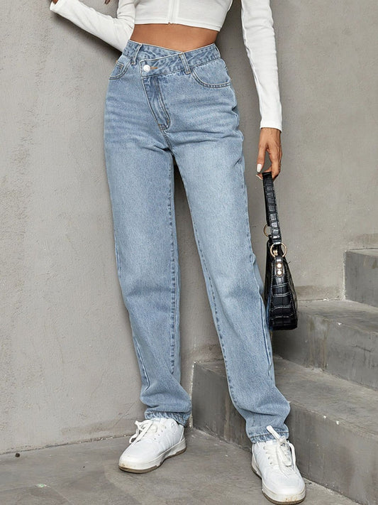 Asymmetrical Waist Straight Leg Jeans - The Goddess Galleries