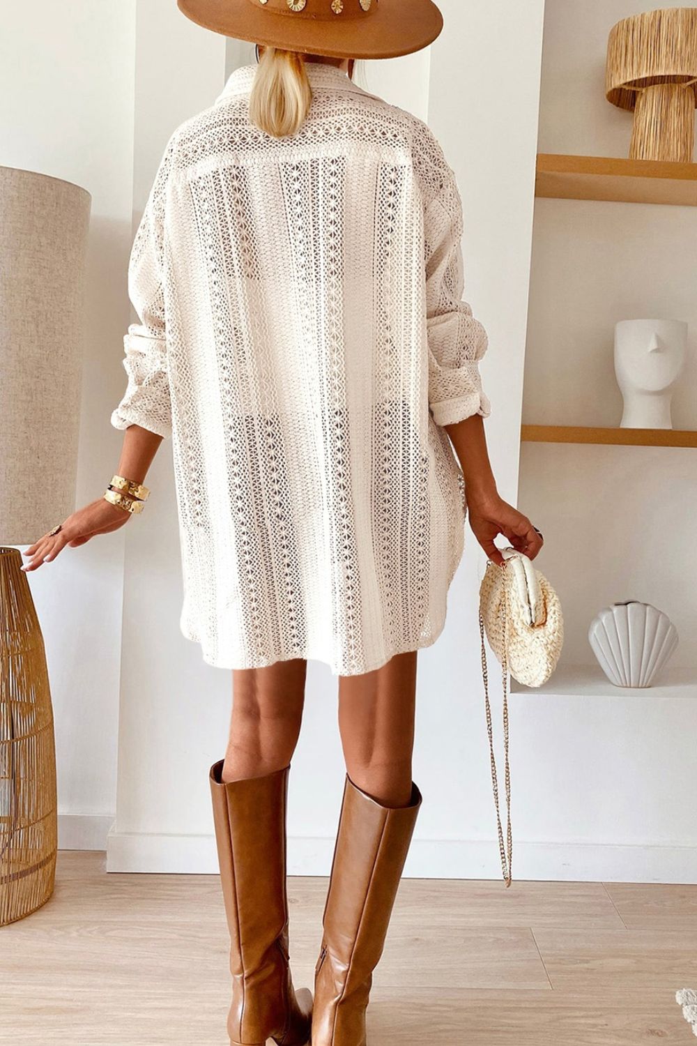 Lace Crochet Collared Neck Oversized Shirt - The Goddess Galleries