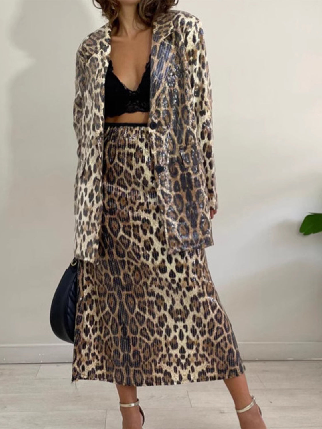 Leopard Lapel Collar Long Sleeve Longline Blazer - The Goddess Galleries
