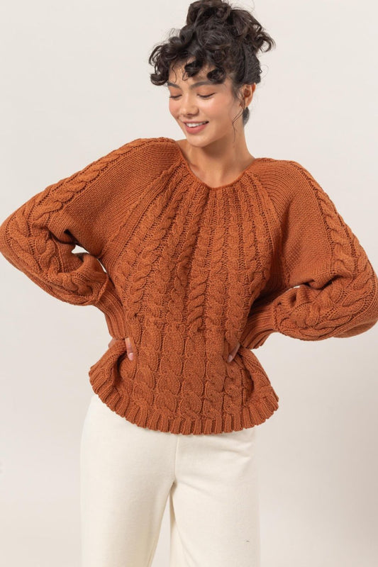 HYFVE Cable-Knit Round Neck Raglan Sleeve Sweater - The Goddess Galleries