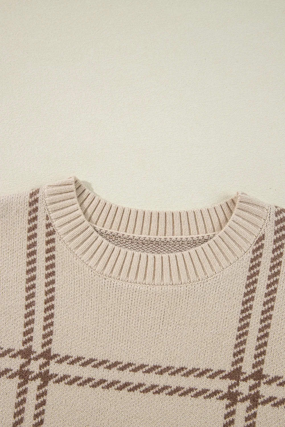 Plaid Round Neck Dropped Shoulder Sweater - The Goddess Galleries