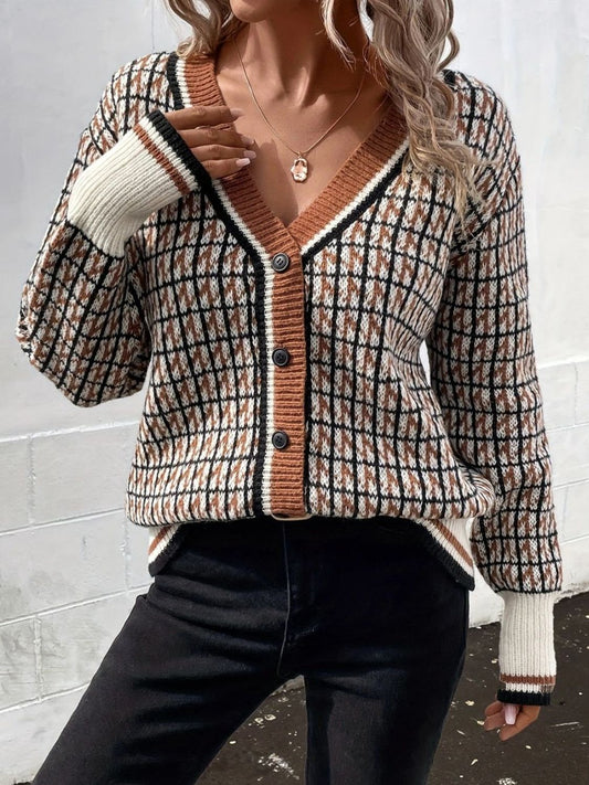 Plaid V-Neck Button Up Cardigan - The Goddess Galleries