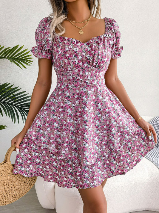 Floral Sweetheart Neck Flounce Sleeve Mini Dress - The Goddess Galleries