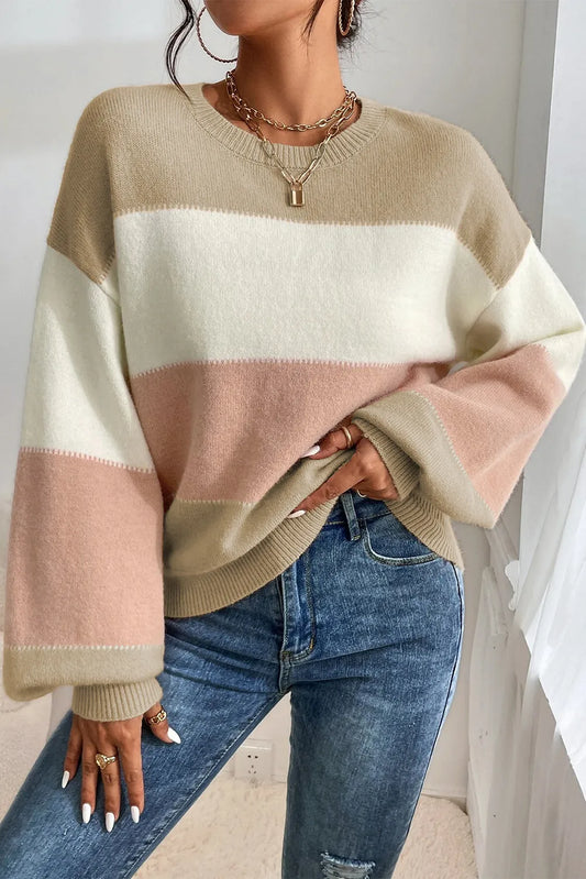 Color Block Round Neck Lantern Sleeve Sweater - The Goddess Galleries