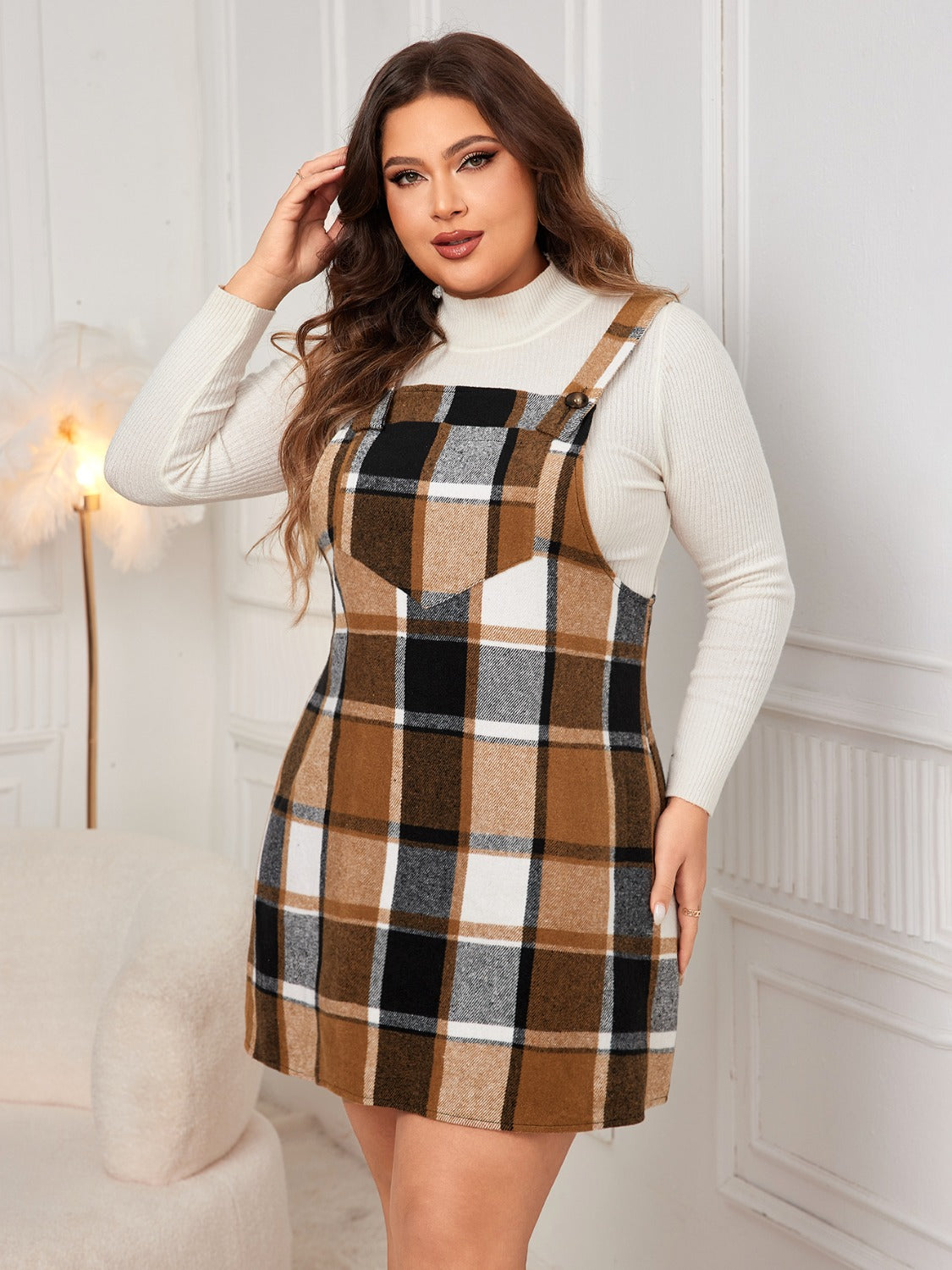 Honey Plus Size Plaid Wide Strap Overall Dress - The Goddess Galleries