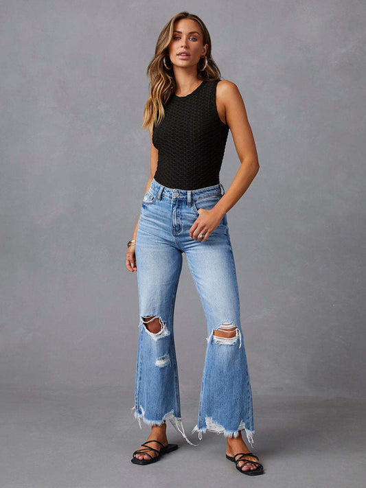 Women's tassel washed ripped wide leg jeans - The Goddess Galleries